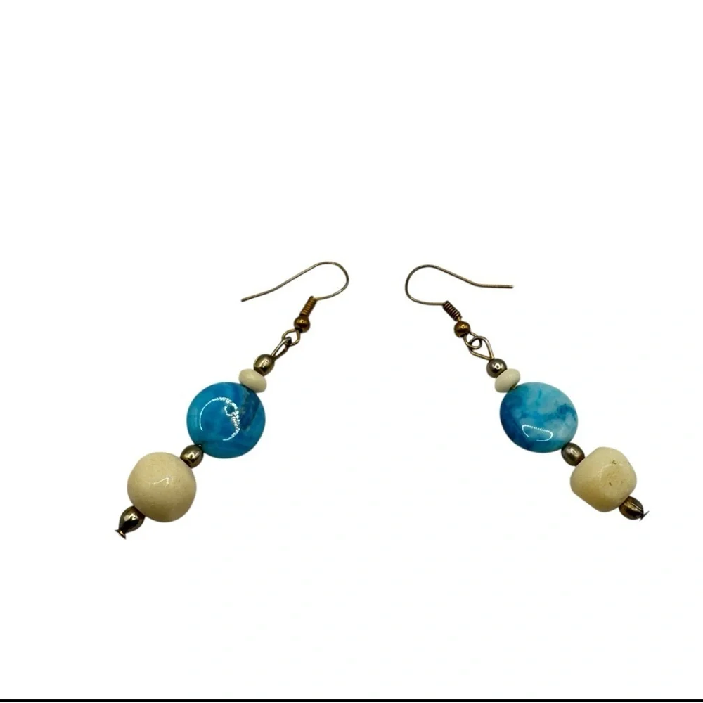 Blue & Cream Agate Stone Dangle Earrings | Natural Beaded Drop Boho Style